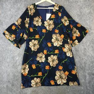 Belongsci Dress XL V Neck Bell Sleeve Tiered Blue Floral Shift Party Back Zip